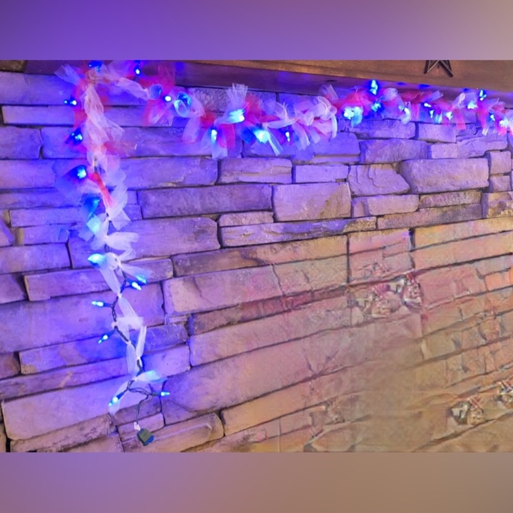 Handcrafted 100 bulb 9' tulle with led lights & Red White Blue Ties